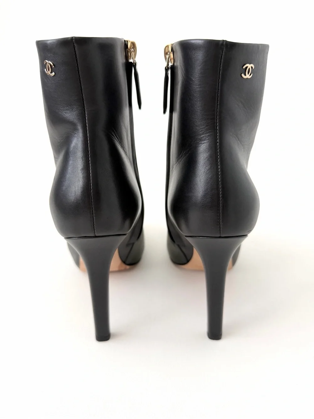 CHANEL | Black Leather CC Cap Toe Ankle Booties Boots Stiletto Heel EU 37